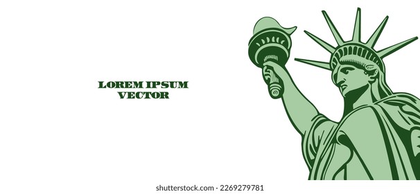 Vector wide blank banner. American Statue of Liberty poster template. Green monument on a white background. Lorem ipsum.