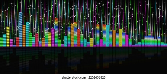 Vector wide bright color graphic equalizer on a dark background with glowing rays and starry sparks