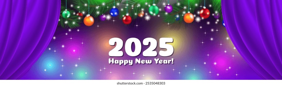 Vektorweites helles festliches Banner. Frohes neues Jahr 2025. Grüne Tannenzweige, Weihnachtsbälle, Spielzeug, leuchtende Funken und violetter Vorhang.