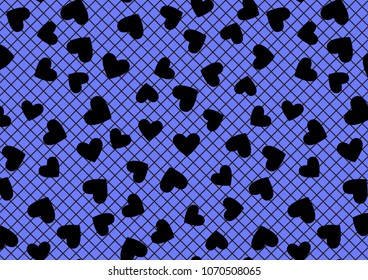 Vector Wide card. Blue with black fishnet tights background. Hearts ornament.