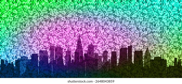 Cartaz com brilho de pixel de cidade larga vetorial. Paisagem urbana mínima em mosaico. Silhuetas e sombras de edifícios modernos. Desenvolvimento urbano. Iluminação brilhante neon