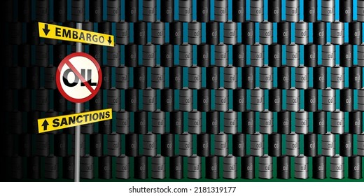 Afiche económico de gran alcance vectorial. Muchos barriles de petróleo en 3d y un volumétrico signo prohibitivo y placas con inscripciones, embargo y sanciones