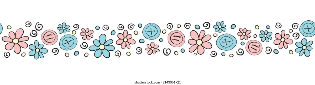 Borde vectorial ancho, cinta, borde de flores y botones pequeños azul rosado. Colorida naturaleza linda sin fisuras patrón, adorno, elemento decorativo en estilo doodle plano