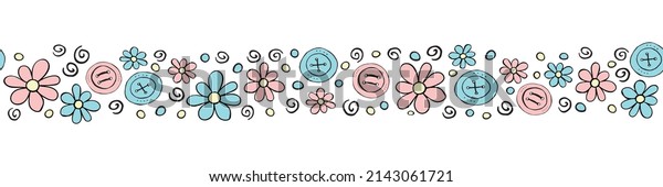 Vector wide\
edging, ribbon, border from pink blue small flowers and buttons.\
Colorful cute nature seamless pattern, ornament, decorative element\
in doodle flat style