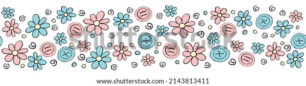 Vector wide\
edging, ribbon, border from pink blue small flowers and buttons.\
Colorful cute nature seamless pattern, ornament, decorative element\
in doodle flat style