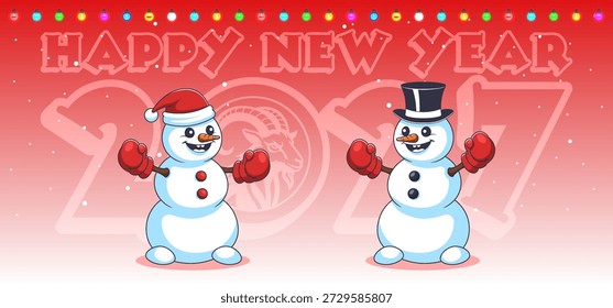 Vector wide festive red banner or greeting card. Two cartoon snowmen with red mittens and Santa hat. Happy New Year. Horned goat. 2027. Colorful glowing garlands. Snowman