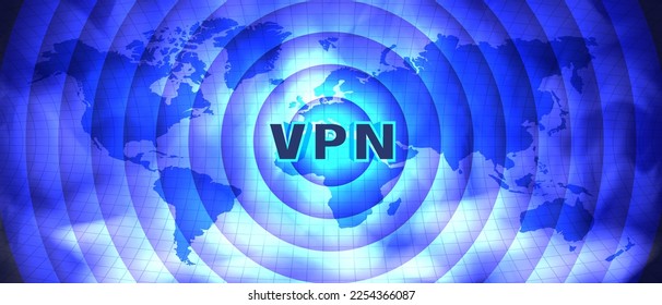 Vector wide futuristic banner, 3d letters VPN on the background of luminous circles and a world map. Virtual private secure encrypted network.