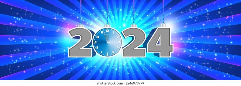 Vector wide holiday banner with hanging 3d numbers 2024 and clock. Radiant and star poster. New Year and Christmas holiday.