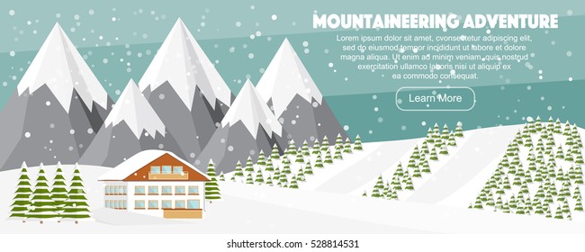 Vector wide landscape background, rural house with balcony, fir trees forest, ski resort. Alps under snowfall winter concept. Country house, wide panoramic landscape.