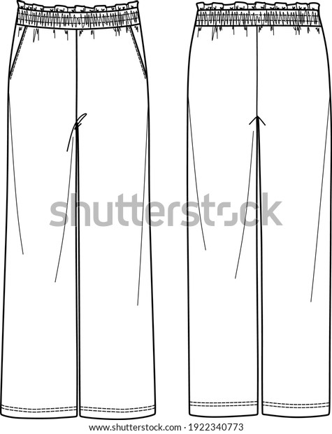 Vector wide leg pants technical drawing,\
loungewear paper bag pants with front pockets fashion CAD, straight\
legged jogger sketch,\
template