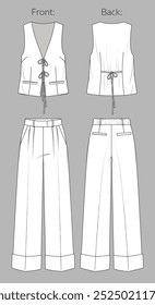 Vector wide leg pants and vest technical drawing, tailor palazzo trousers with front pockets and sleeveless blouse fashion CAD, sketch, template. Woven fabric 2 pcs set, front back view, white color