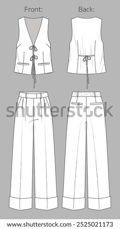 Vector wide leg pants and vest technical drawing, tailor palazzo trousers with front pockets and sleeveless blouse fashion CAD, sketch, template. Woven fabric 2 pcs set, front back view, white color