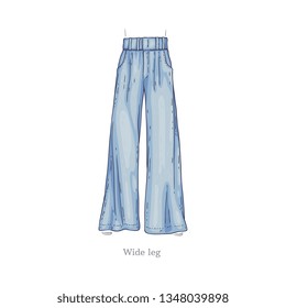Vector wide leg style blue jeans. Denim female pants sketch icon. Casual fashion trousers, trendy garment for women. Urban fabric apparel, fashionable blue clothing. Isolated illustration