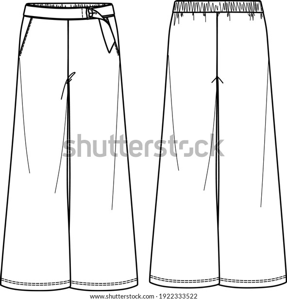 Vector wide\
leg trousers fashion CAD, woman relaxed fit pants with belt\
technical drawing, sketch, template, flat. Jersey or woven fabric\
trousers with front, back view, white\
color