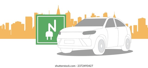 Vector wide poster. Eco-friendly high technology. Hand drawn Electric cars sedan and orange city silhouette. Green road sign for electric charging.