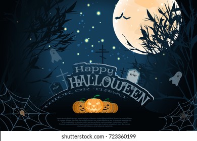 Vector wide poster for Halloween with full moon, silhouettes of trees, flock of bats, headstones, grave crosses, ghosts, group of pumpkins, spider net on the gradient dark blue background.