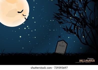 Vector wide poster for Halloween with full moon, silhouettes of trees, flock of bats, dark grass, headstones on the gradient dark blue background with stars.