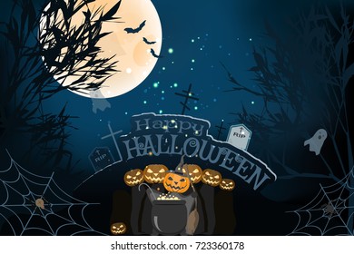 Vector wide poster for Halloween with silhouettes of trees, full moon, bats, headstones, grave crosses, ghosts, group of wizards, magic cauldron, spider net on the gradient dark blue background.