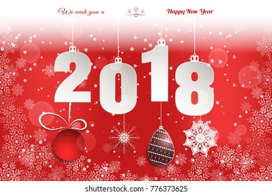Vector wide poster for New Year with hanging gray numbers, balls and snowflakes on the gradient red background with snowflall.