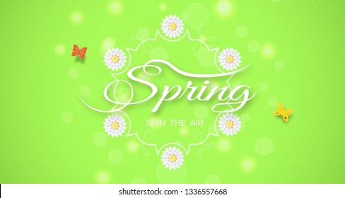 Vector wide poster of Spring is in the air on the gradient green background with lines, glow, flowers and butterflies arrange on the center.