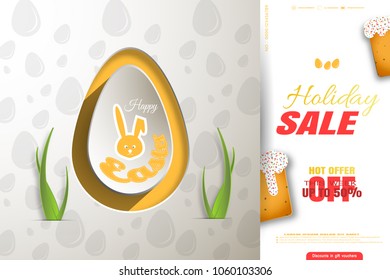 Vector wide promotional poster for Easter of light gray egg with shadow, pattern from eggs silhouettes and text on the yellow background with paper grass and cakes.