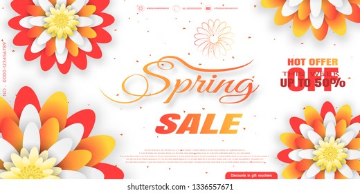 Vector wide promotional poster of Spring Sale on the white background with yellow and red flowers and text.