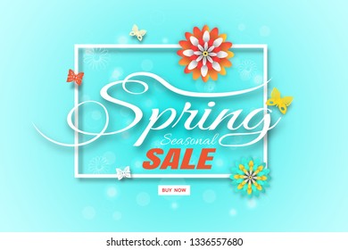 Vector wide promotional poster of Spring Sale on the gradient green background with square frame, flowers and butterflies arrange on the center.