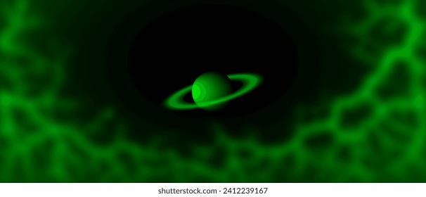 Vector wide space abstract futuristic wide banner. Muddy green glow. Planet in Saturn style with rings. Haze or fog. Background or wallpaper. Cosmic nebula.
