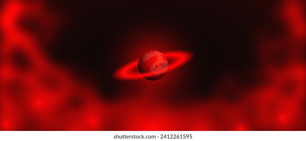 Banner futurista abstracto de gran espacio vectorial. El rojo fangoso brilla. Planeta al estilo Saturno con anillos. Niebla o niebla. Antecedentes o fondo de pantalla. Nebulosa cósmica sangrienta.