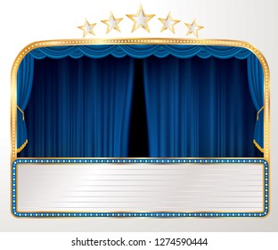 vector wide stage with blue curtain, five stars and blank billboard - Vector illustration