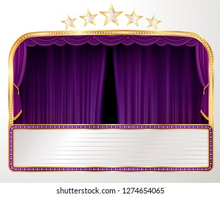 vector wide stage with purple curtain, five stars and blank billboard - Vector illustration