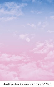 Vector Wide, Tranquil Skyline Featuring Soft, Cotton Candy Clouds in a Dreamlike Atmosphere, Pastel Hues of Pink and Blue Paint Serene, Dreamy Cloudscape, Panoramic Sky.