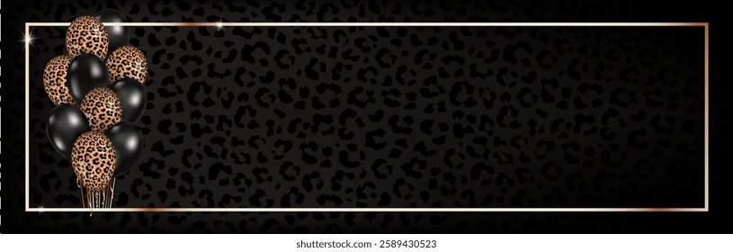 Vector wide web banner with 3d realistic leopard and black balloons in golden frame on animal background. Long template for celebration, Invitation, card, gift, voucher, festive backdrop, social media