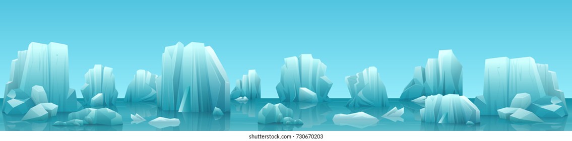 Vector wide web banner illustration of arctic landscape with icebergs and mountains. Winter panorama background.