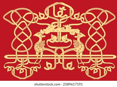 Vector wide yellow intertwined shapes with lines, created by the author's patterned red brushes. Red background for postcards, presentations, websites, textiles.