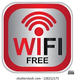 Vector : Wifi Free Sign With Square Red Glossy Style Icon Isolated on White Background