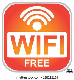 Vector : Wifi Free Sign With Square Orange Glossy Style Icon Isolated on White Background