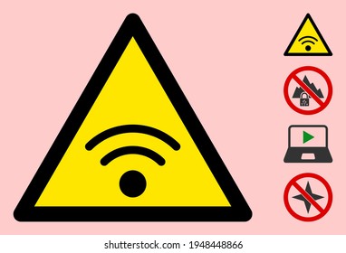 Vector wi-fi hotspot flat warning sign. Triangle icon uses black and yellow colors. Symbol style is a flat wi-fi hotspot hazard sign on a pink background. Icons designed for careful signals,