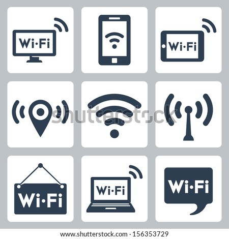 Vector wifi icons set: pc, smartphone, tablet pc, pointer, hotspot, signboard, laptop, speech bubble