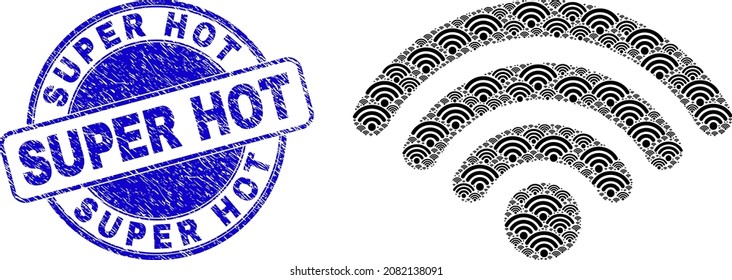 Vector wifi router icon mosaic is constructed of repeating recursive wifi router parts. Super Hot unclean blue round seal print. Recursion combination of wifi router icon.