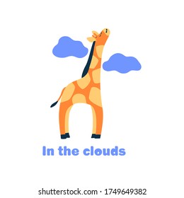vector wild african long neck animal cute giraffe baby. Child with spots on skin.Modern simple illustration character for paper clothes on white. card for dream in the cloud