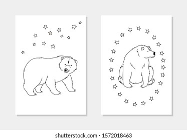 vector wild animal bear smiling with stars card illustration on white coloring book