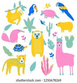 vector wild animal bird plant tropical South America llama jaguar bear turtle capybara sloth toucan hummingbird cactus leaf element set 