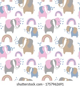 vector wild  animal cute elephant baby in rainbow.  child cartoon character. Modern simple illustration for paper clothes on white seamless pattern