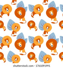 vector wild  animal cute lion baby.  child cartoon character. Modern simple seamless repeating  illustration for paper clothes 