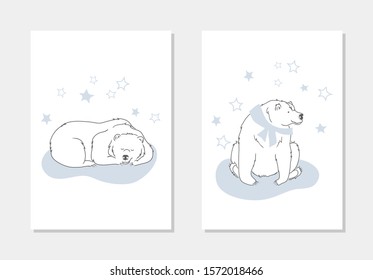 vector wild animal polar bear sleeping smiling with stars card illustration on white