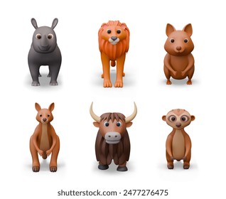 Vector wild animals in 3D style. Funny friendly creatures, front view