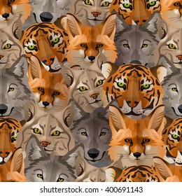 Vector wild animals seamless pattern with tiger, fox, bobcat, wo