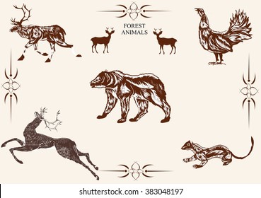 Vector wild animals set, bear, deer, mantel 