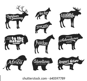 Vector wild animals silhouettes. Wild life adventures icons for tourism organizations, outdoor journey events and camping leisure